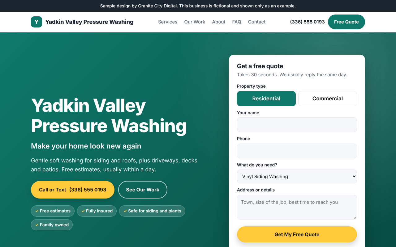 Sample website for a pressure washing business